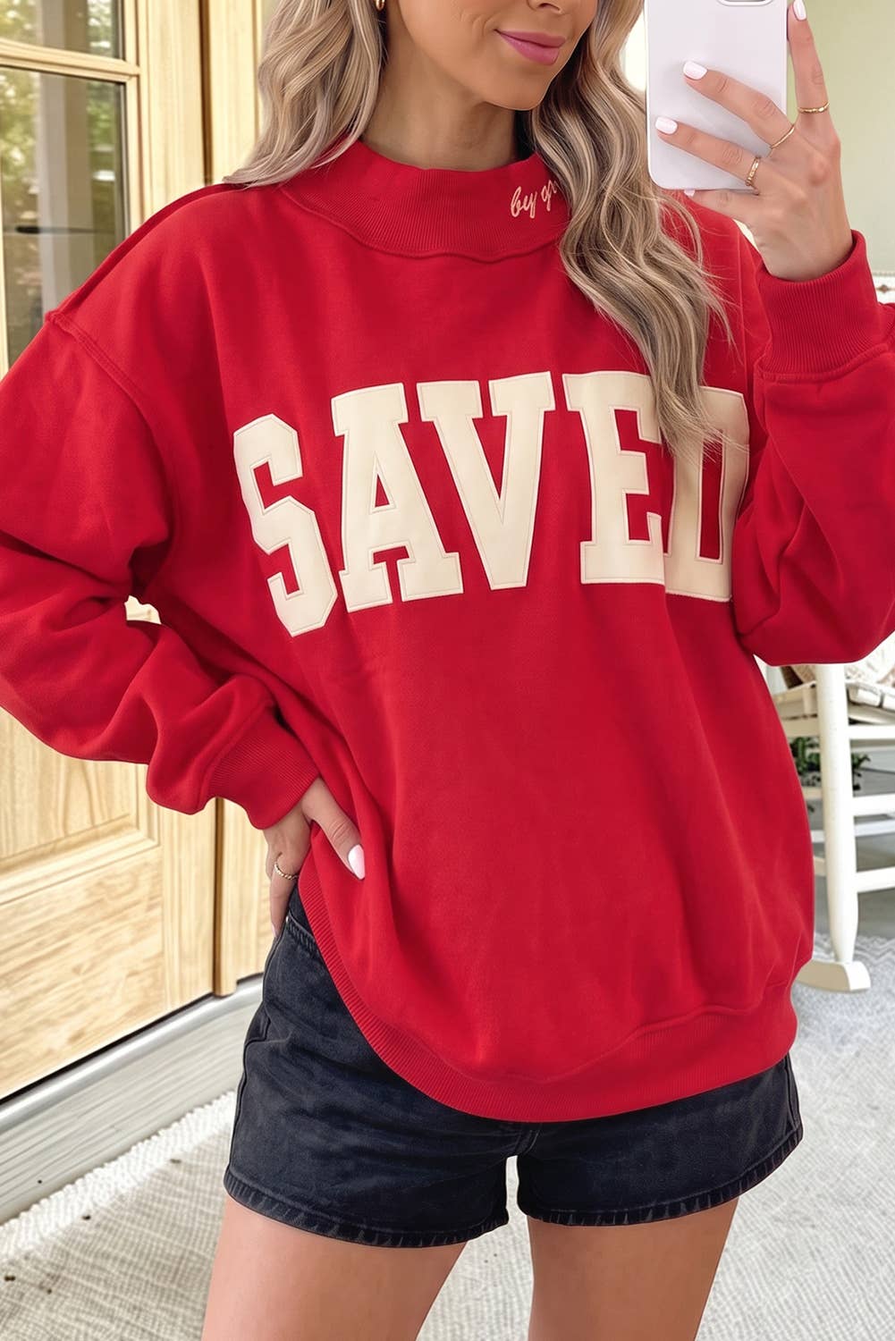 66 Game day Saved Letter Graphic Mock Neck Sweatshirt (S-XL)