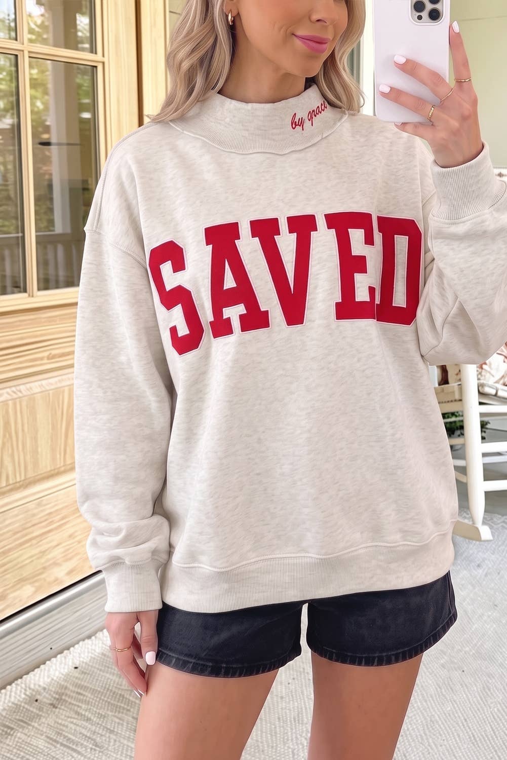 66 Game day Saved Letter Graphic Mock Neck Sweatshirt (S-XL)
