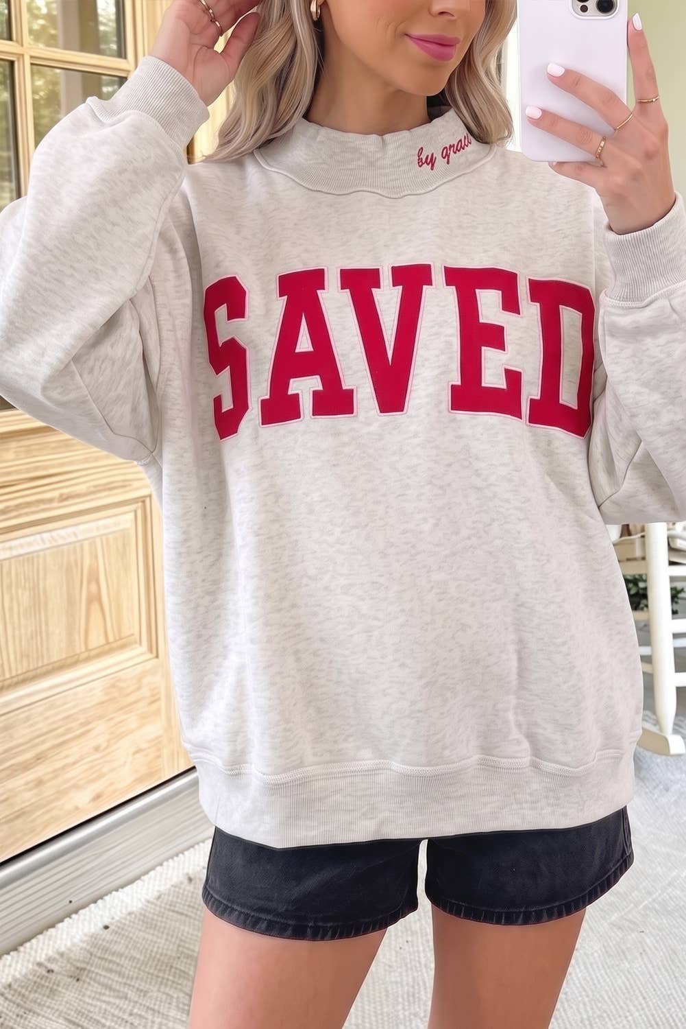 66 Game day Saved Letter Graphic Mock Neck Sweatshirt (S-XL)