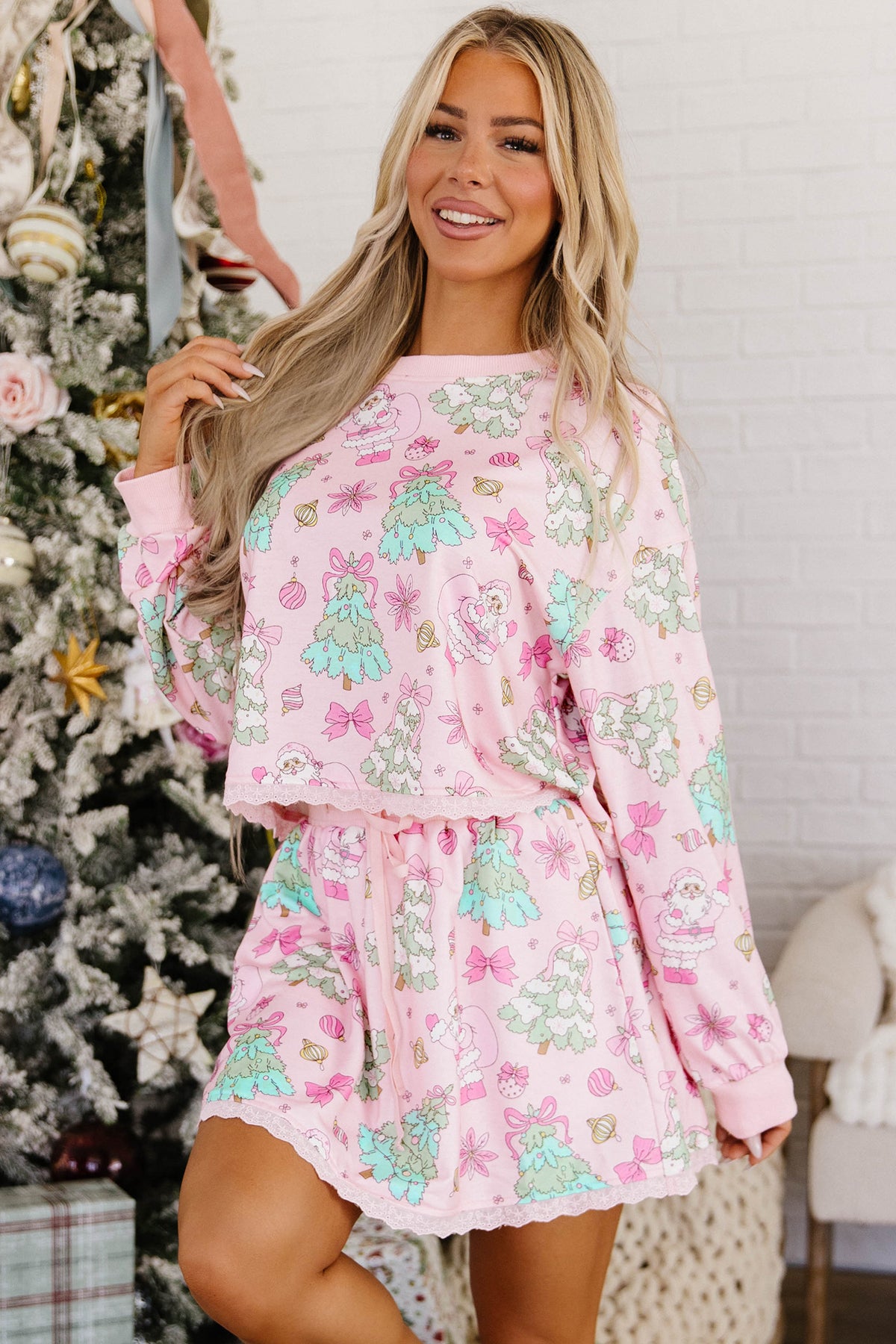 Pink Christmas Theme Print Long Sleeve Pullover Flowy Skort 2pcs Set