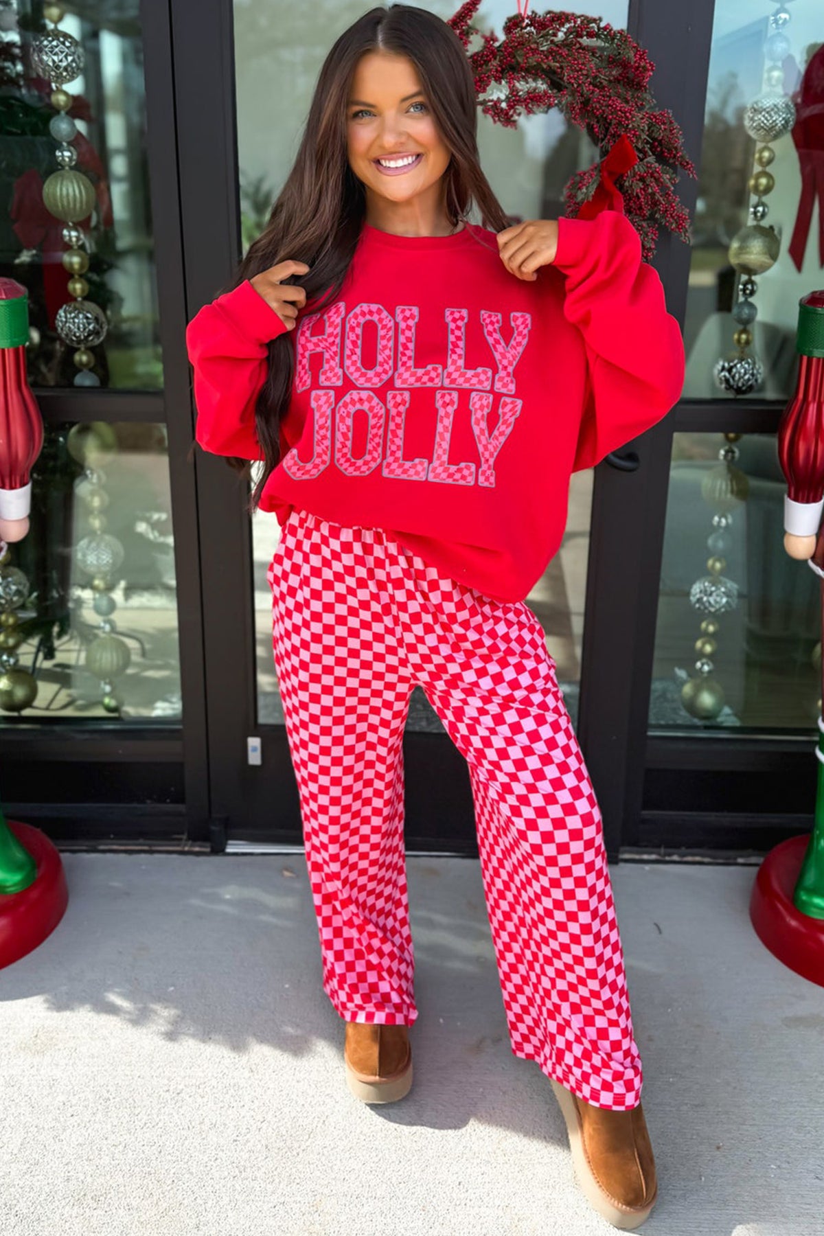 Pink Christmas Slogan Graphic Plaid Contrast Two-piece Pant Set