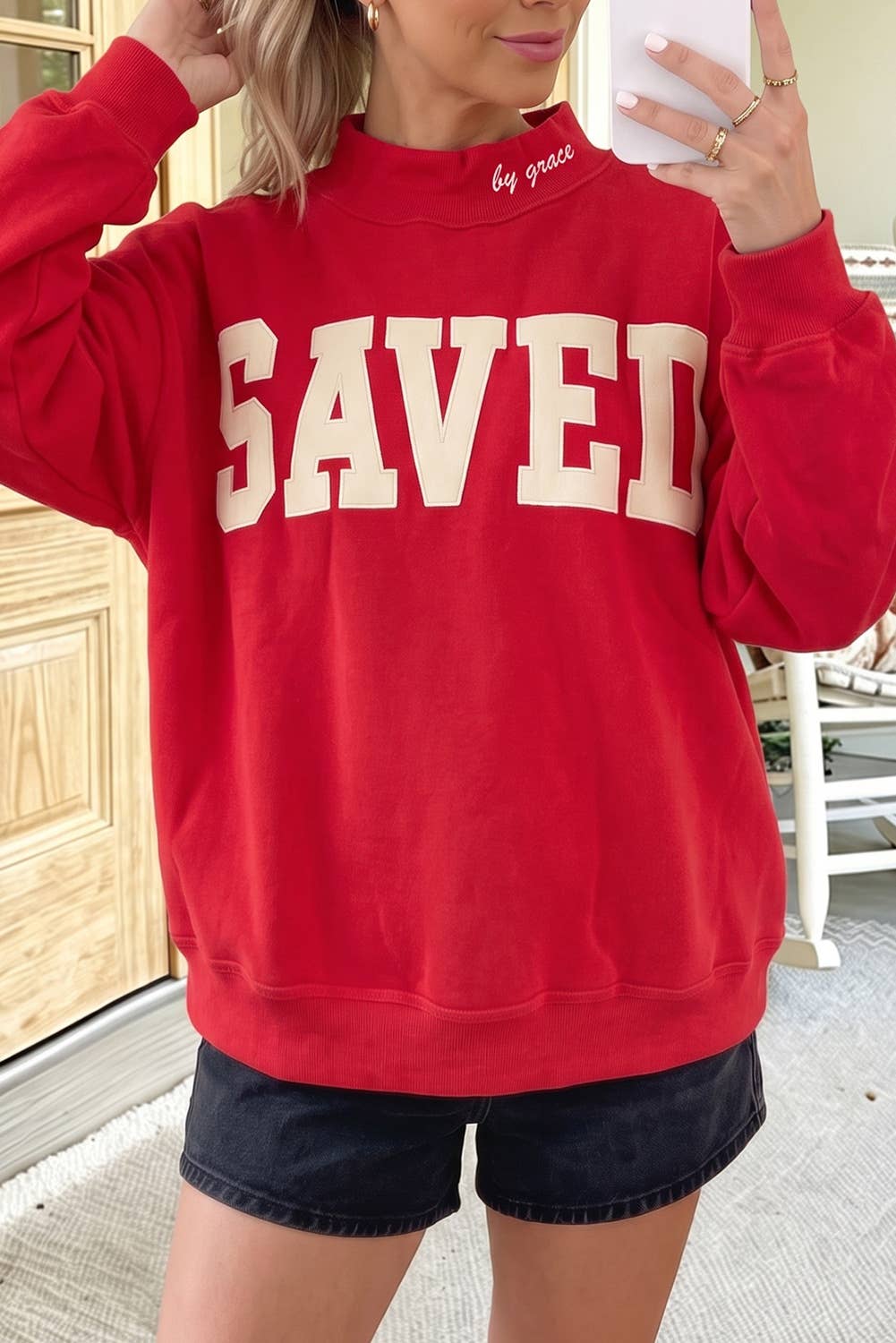 66 Game day Saved Letter Graphic Mock Neck Sweatshirt (S-XL)