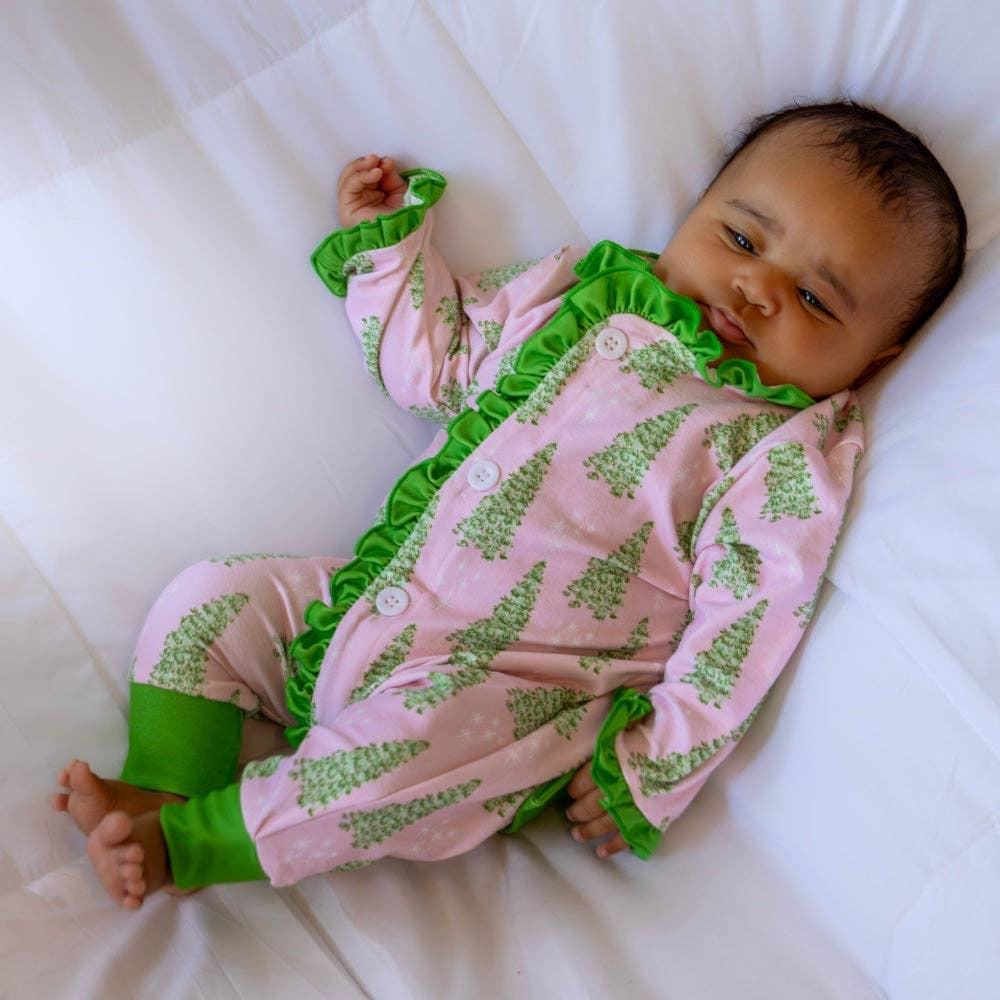 Christmas 2025 Pajamas - Baby Ruffle Buttflap - Pink Trees