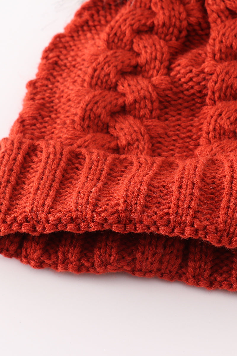 Caramel pompom cable beanie hat