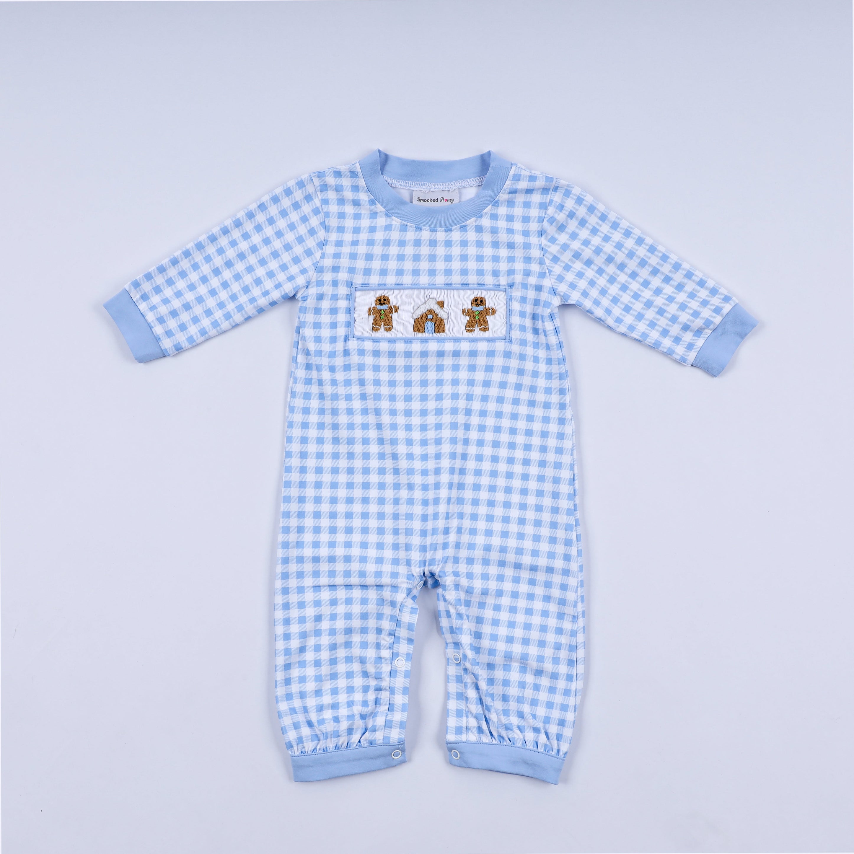 Blue gingerbread hand smocked gingham romper