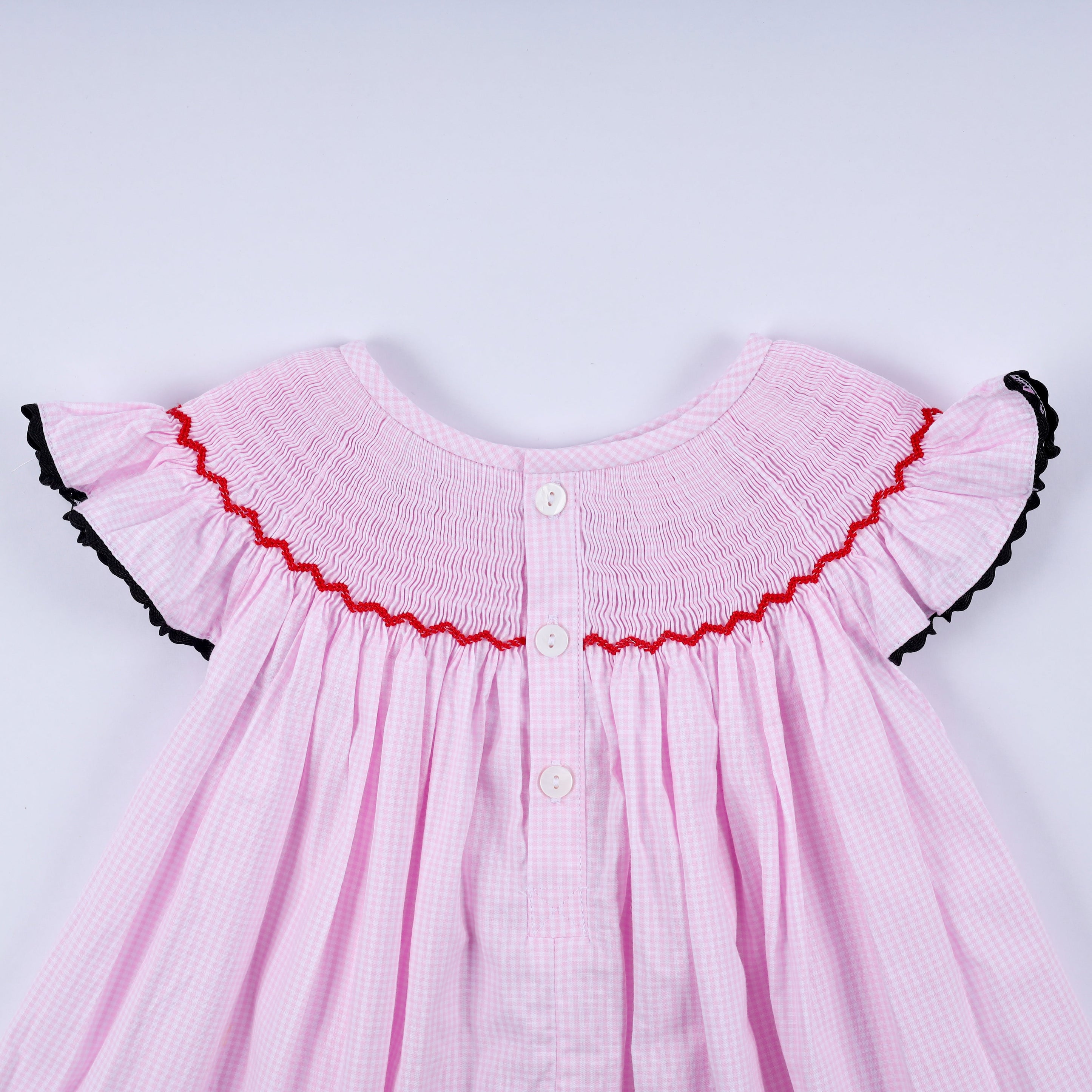 Red character hand smocked plaid ruffle dress
