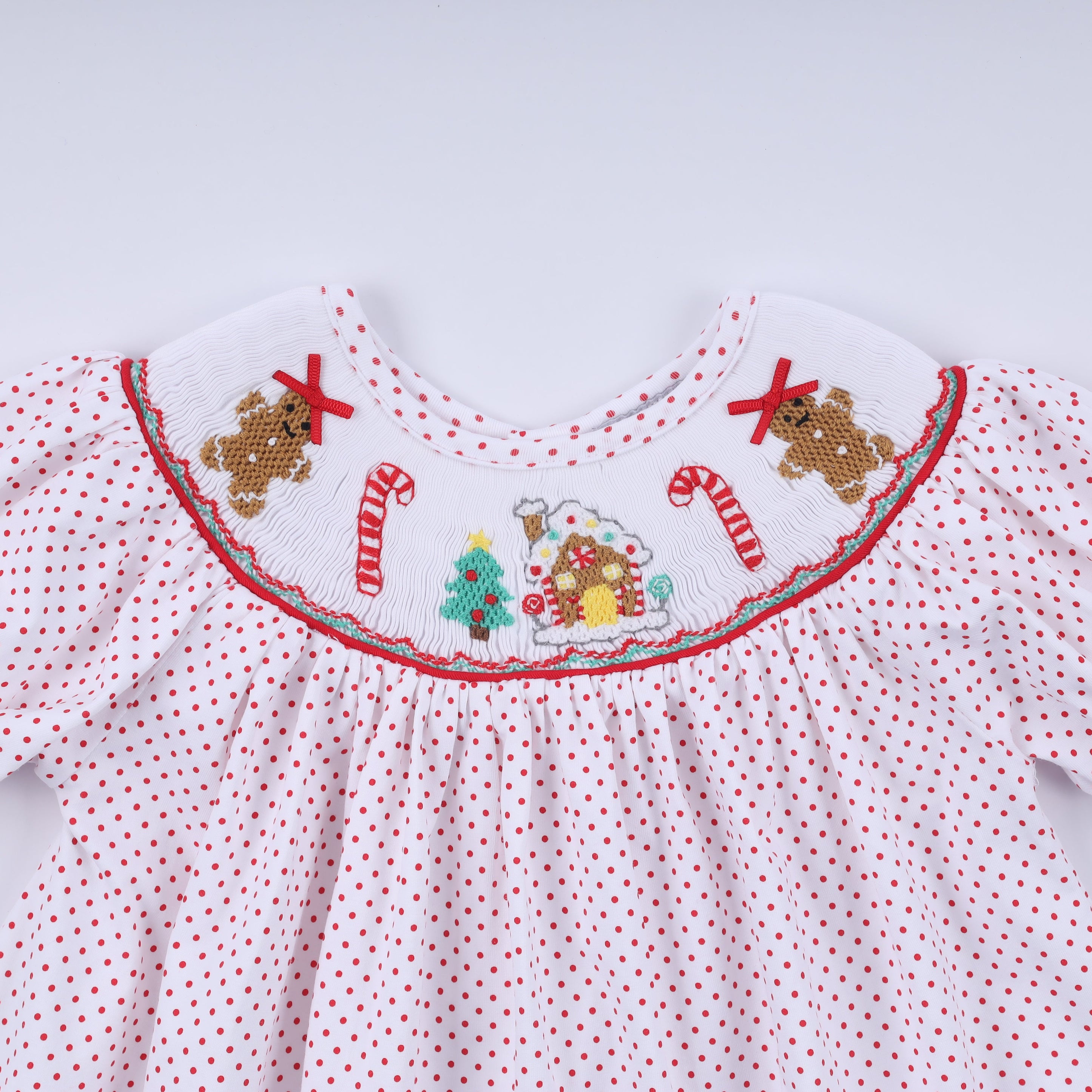 Red gingerbread hand smocked ruffle pants set