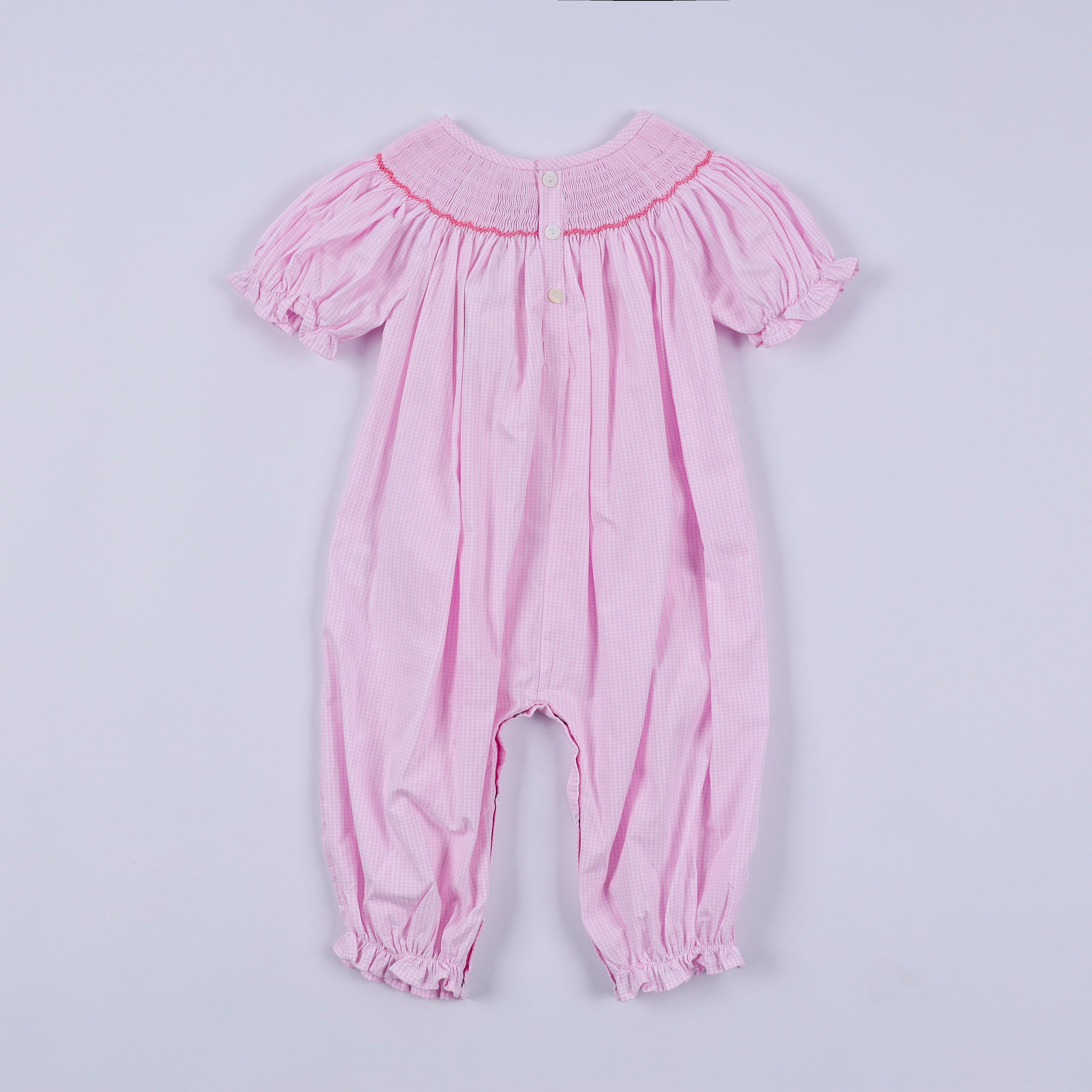 Pink christmas tree hand smocked ruffle romper