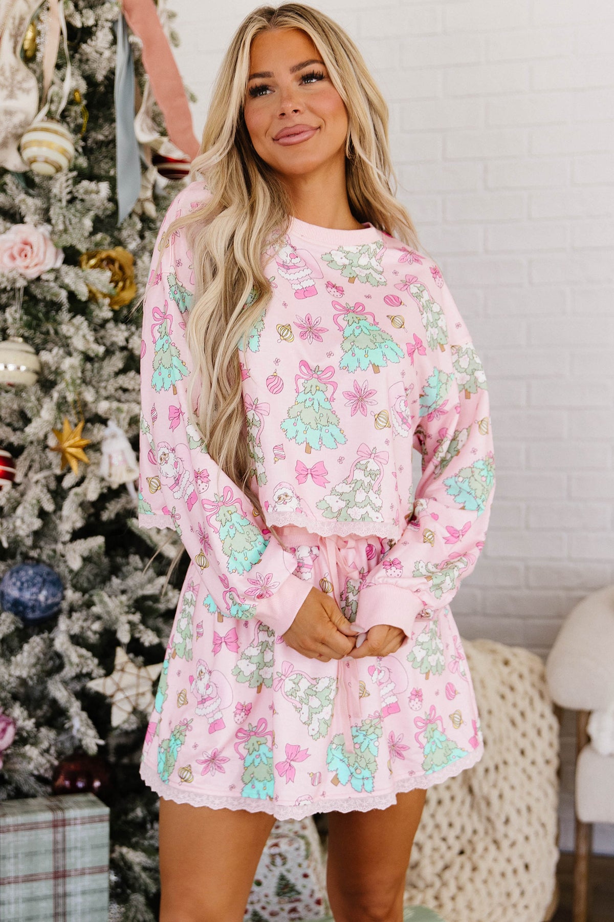 Pink Christmas Theme Print Long Sleeve Pullover Flowy Skort 2pcs Set