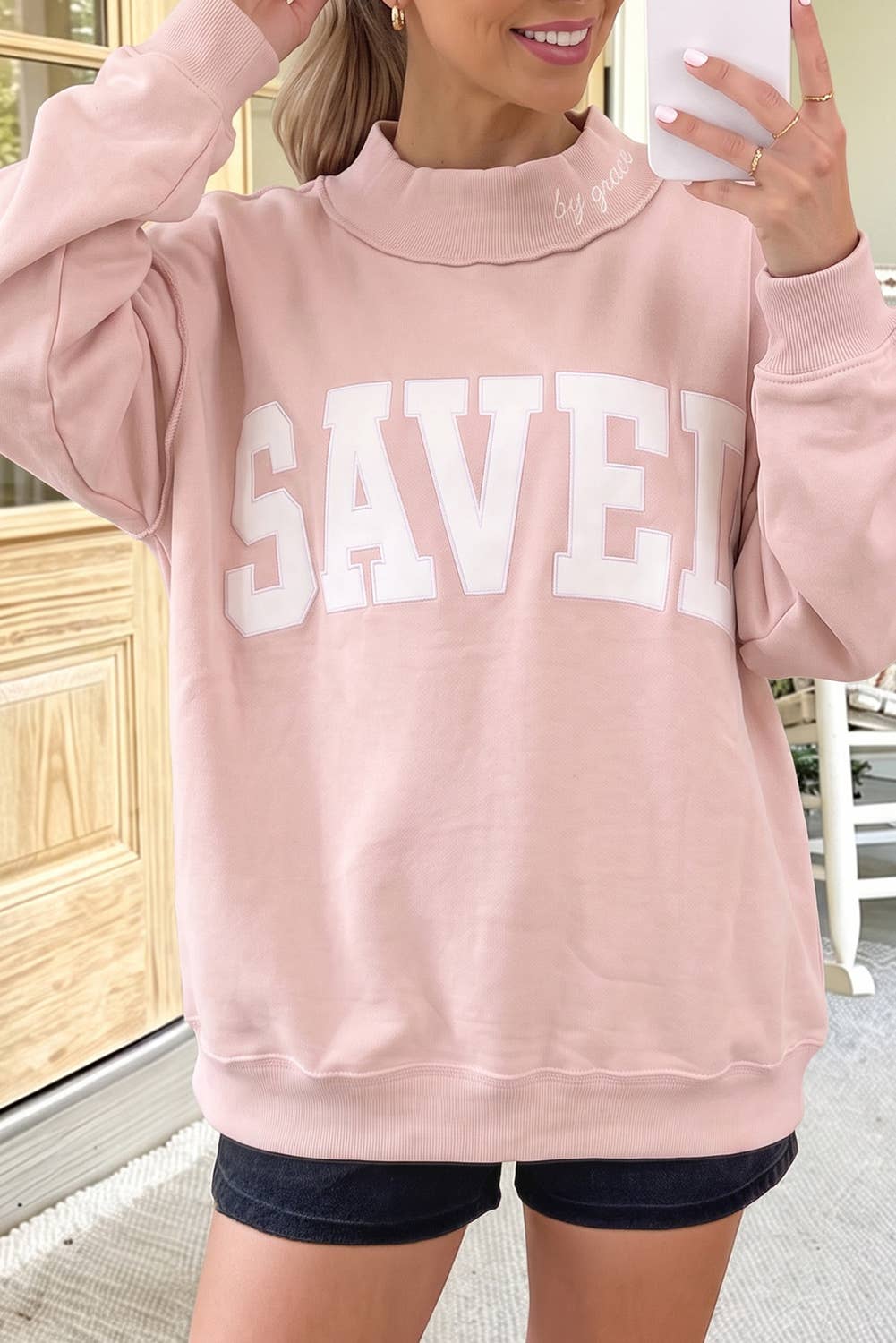 66 Game day Saved Letter Graphic Mock Neck Sweatshirt (S-XL)