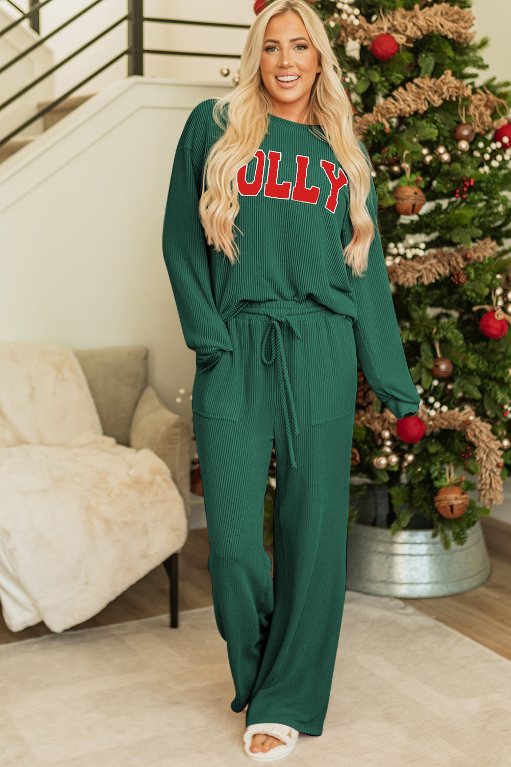 Black JOLLY Corded Long Sleeve Top and Pockets Pants Set