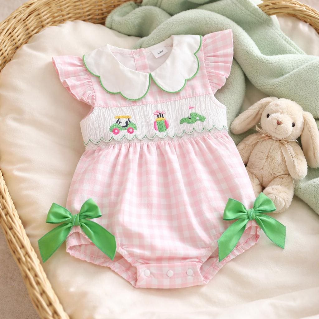 Tee time golf onsie in pink and green