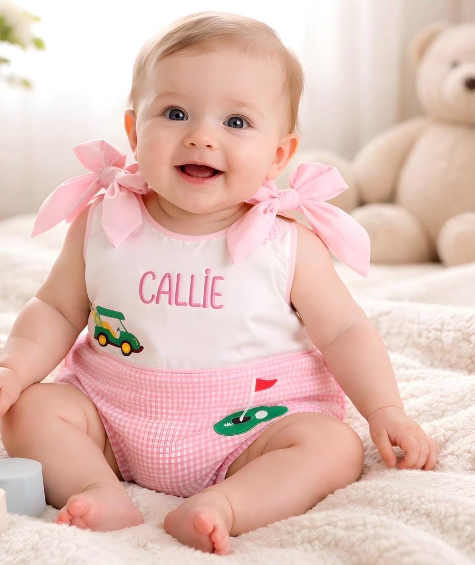 Golf bubble romper for girls with embroidered designs and name.