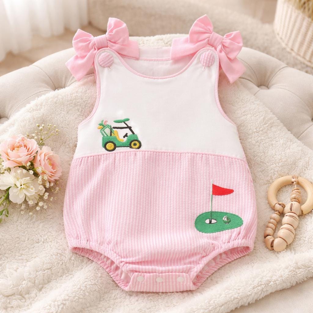 Golf bubble romper for girls with embroidered designs and name.