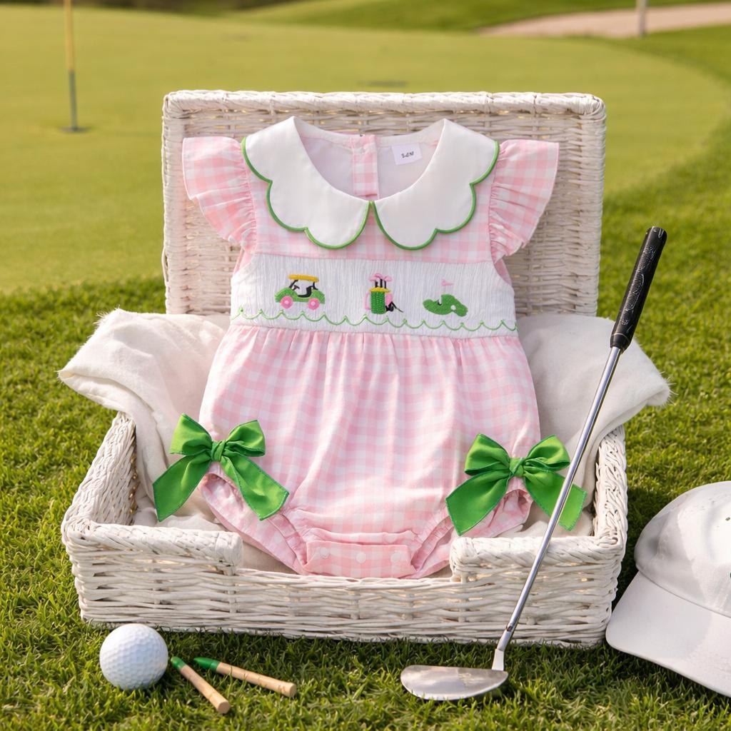 Tee time golf onsie in pink and green