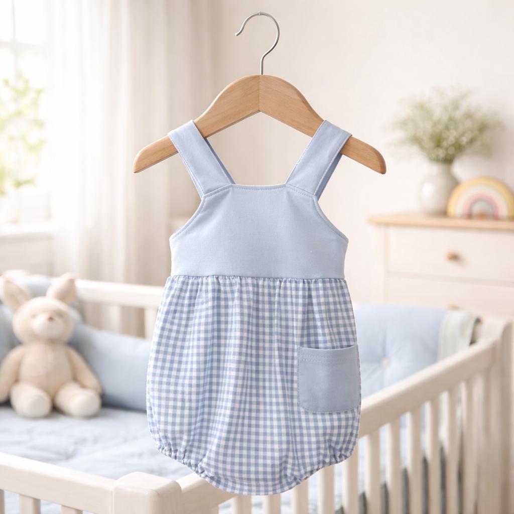Blue Plaid Baby Bubble Romper: Monogrammed options available -Soft Fabric, Easy Diaper Change