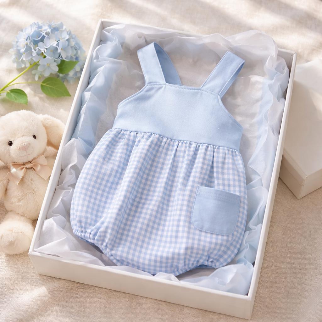 Blue Plaid Baby Bubble Romper: Monogrammed options available -Soft Fabric, Easy Diaper Change