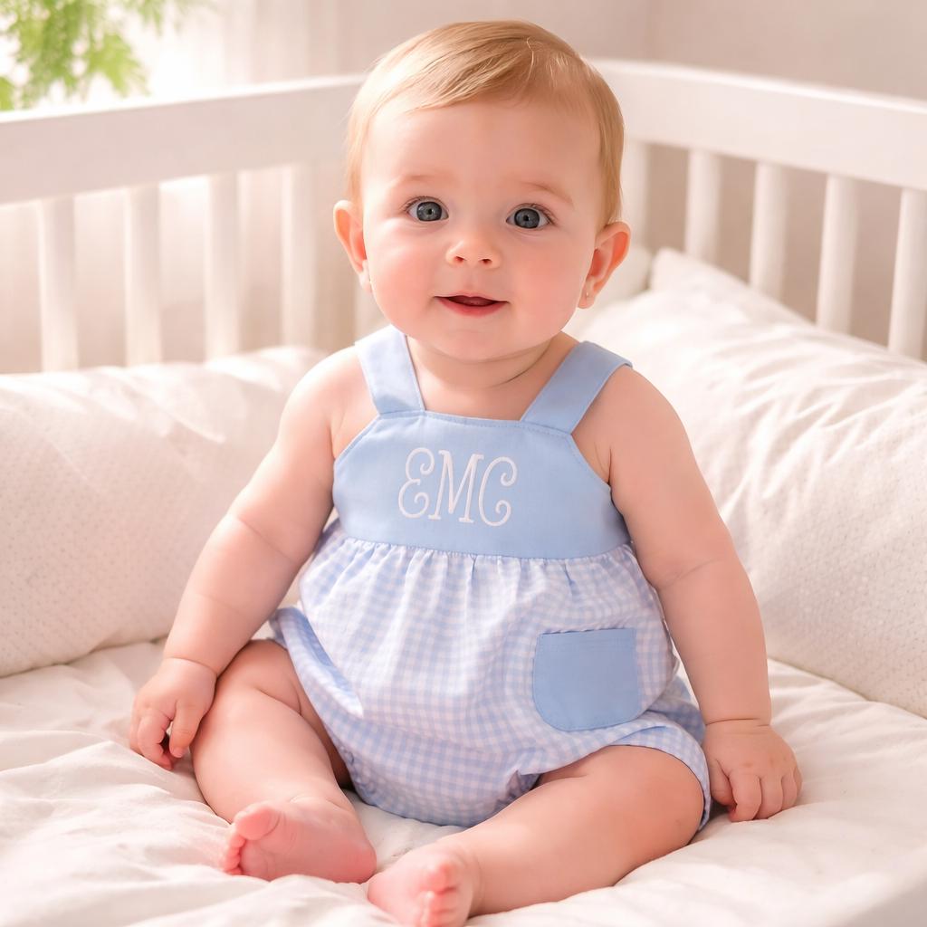 Blue Plaid Baby Bubble Romper: Monogrammed options available -Soft Fabric, Easy Diaper Change