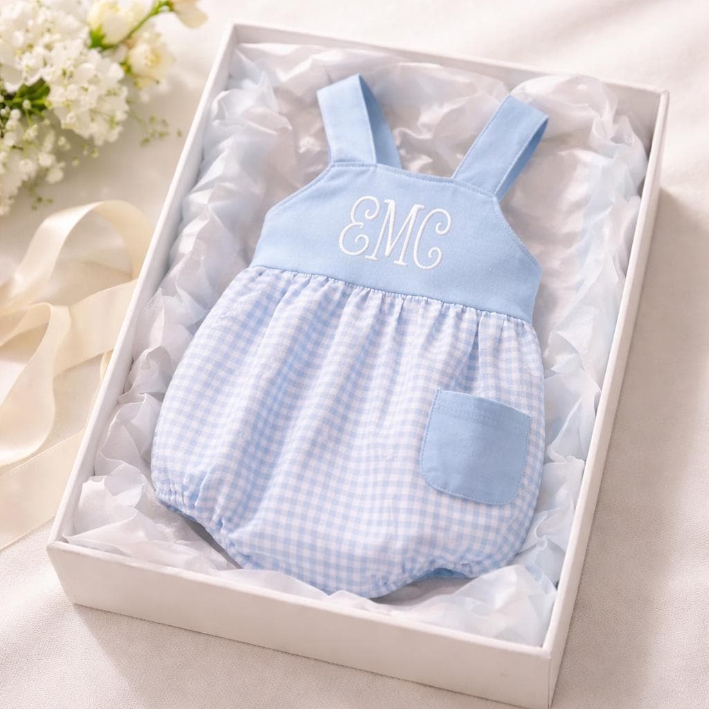 Blue Plaid Baby Bubble Romper: Monogrammed options available -Soft Fabric, Easy Diaper Change