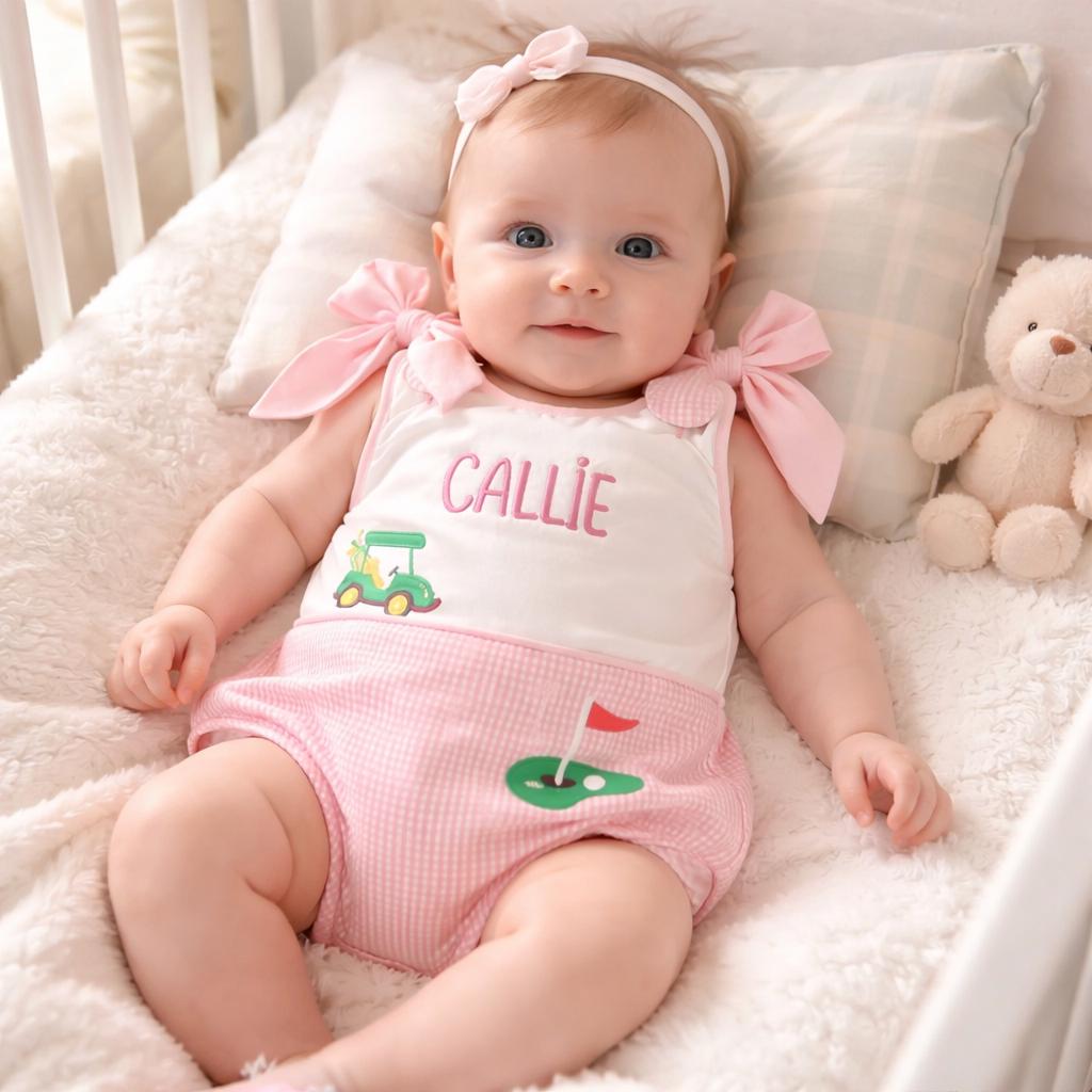 Golf bubble romper for girls with embroidered designs and name.