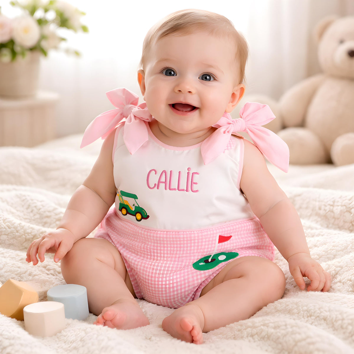 Golf bubble romper for girls with embroidered designs and name.