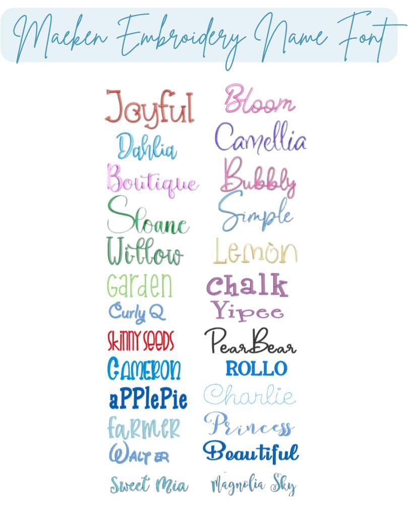 Please choose One (1) name font for the name you want to use for the name embroidery.
