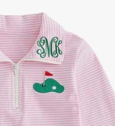 Toddler Girl Golf Outfit: Pink Striped Quarter Zip Sweatshirt with Ruffle Trim