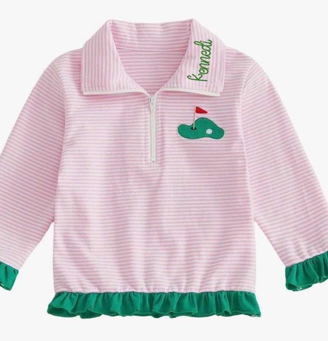 Toddler Girl Golf Outfit: Pink Striped Quarter Zip Sweatshirt with Ruffle Trim