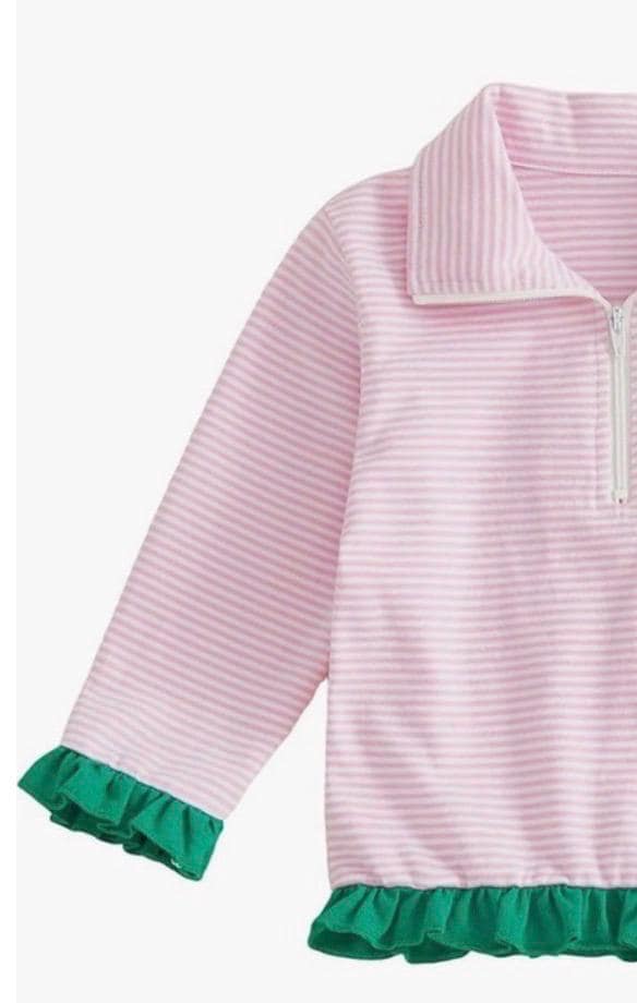 Toddler Girl Golf Outfit: Pink Striped Quarter Zip Sweatshirt with Ruffle Trim