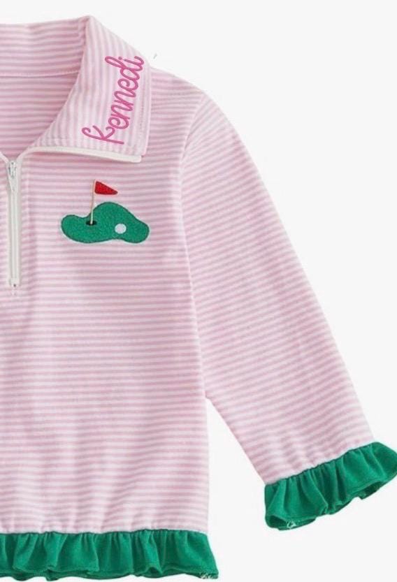 Toddler Girl Golf Outfit: Pink Striped Quarter Zip Sweatshirt with Ruffle Trim