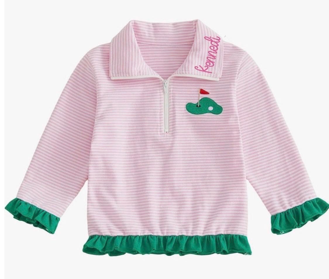 Toddler Girl Golf Outfit: Pink Striped Quarter Zip Sweatshirt with Ruffle Trim