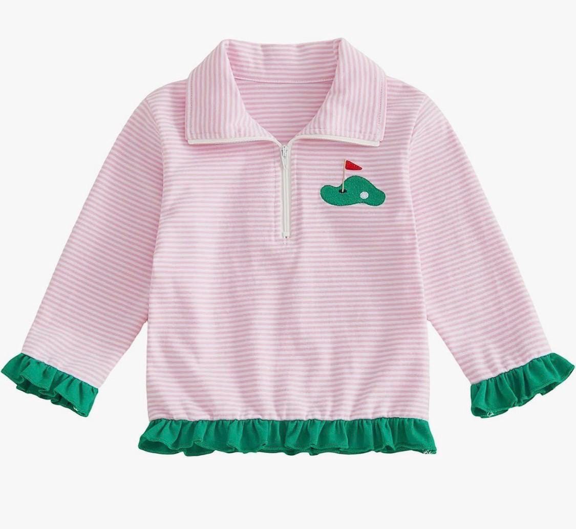 Toddler Girl Golf Outfit: Pink Striped Quarter Zip Sweatshirt with Ruffle Trim