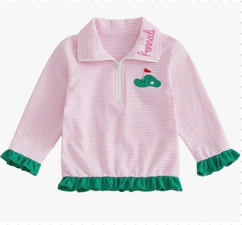 Toddler Girl Golf Outfit: Pink Striped Quarter Zip Sweatshirt with Ruffle Trim