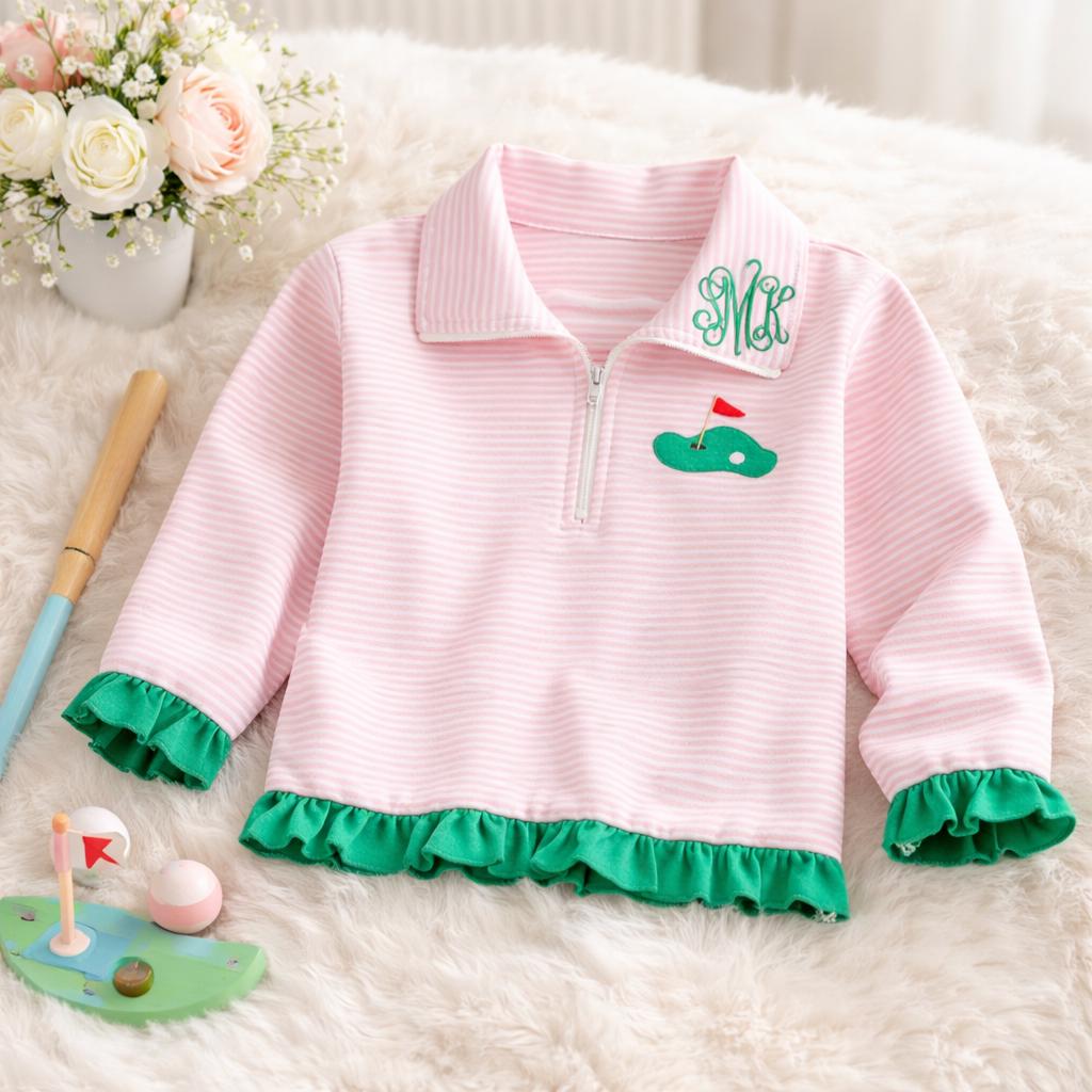 Toddler Girl Golf Outfit: Pink Striped Quarter Zip Sweatshirt with Ruffle Trim