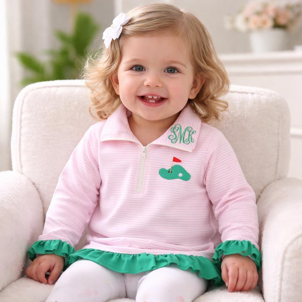 Toddler Girl Golf Outfit: Pink Striped Quarter Zip Sweatshirt with Ruffle Trim