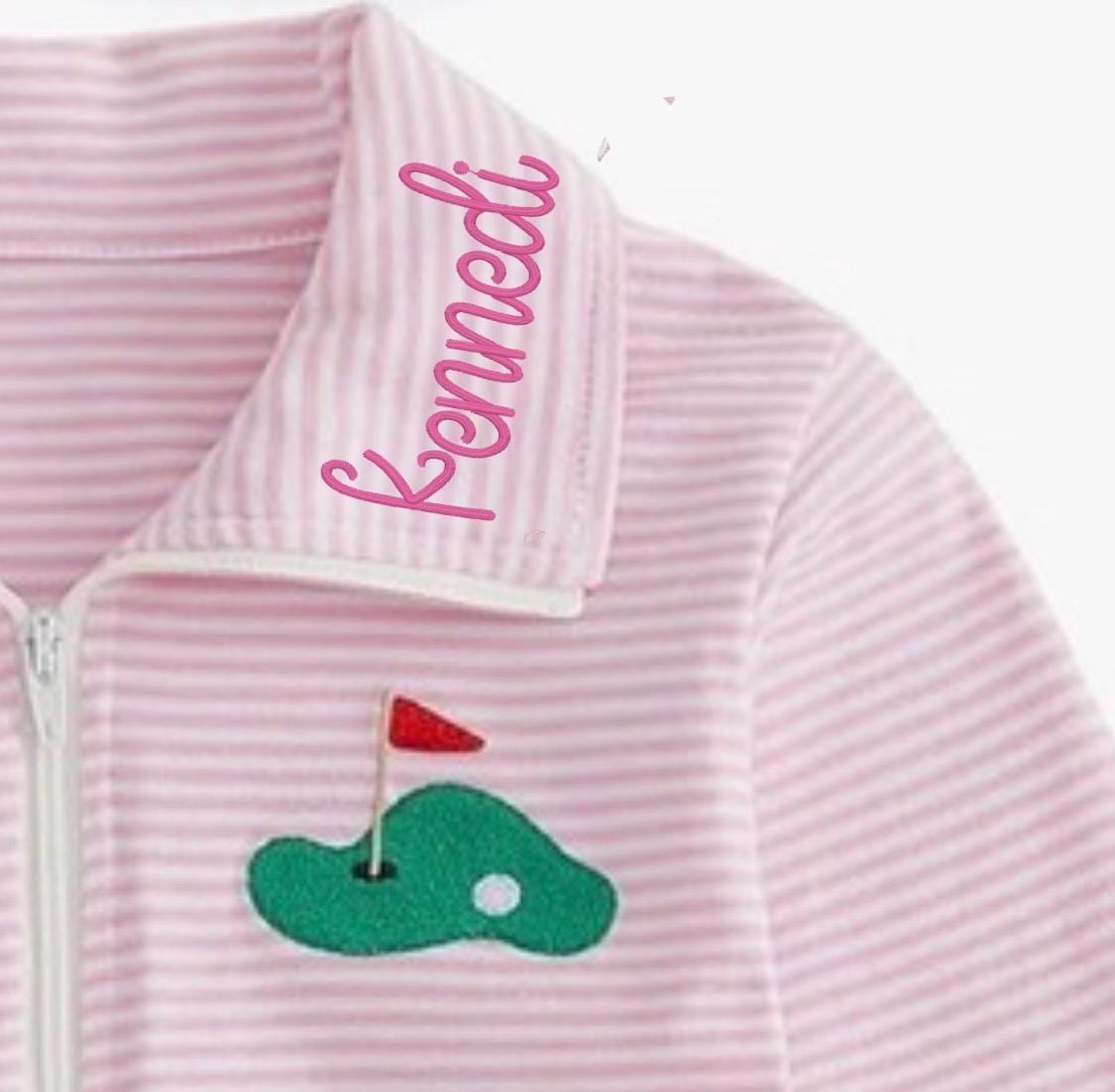 Toddler Girl Golf Outfit: Pink Striped Quarter Zip Sweatshirt with Ruffle Trim