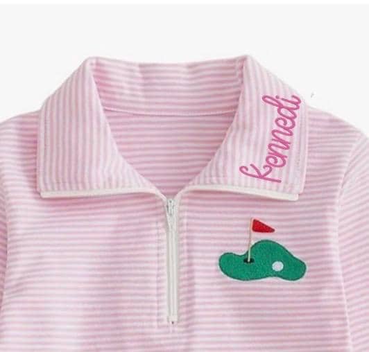 Toddler Girl Golf Outfit: Pink Striped Quarter Zip Sweatshirt with Ruffle Trim