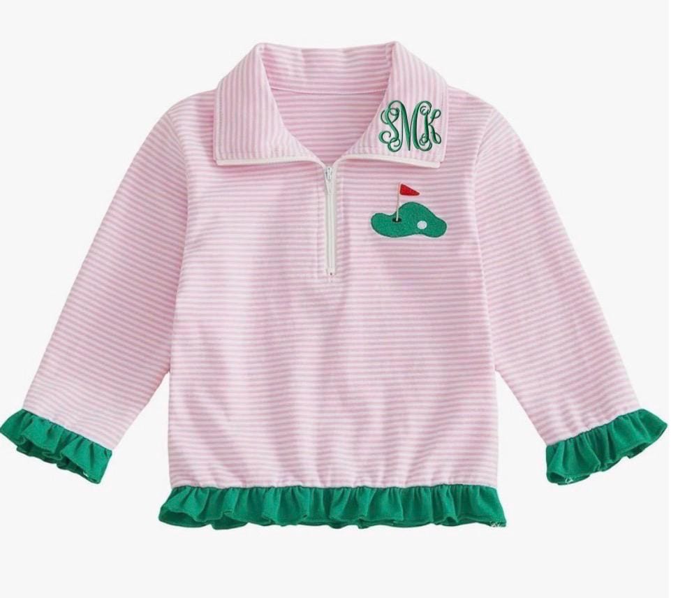 Toddler Girl Golf Outfit: Pink Striped Quarter Zip Sweatshirt with Ruffle Trim