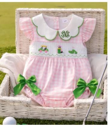 Tee time golf onsie in pink and green