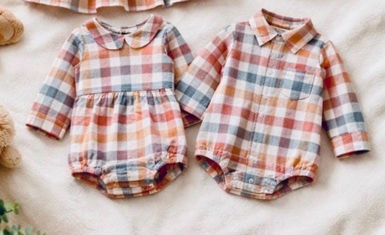 Fall Vibes-Plaid Cranberry Monogrammed Bubble Romper Boy and Girl Version