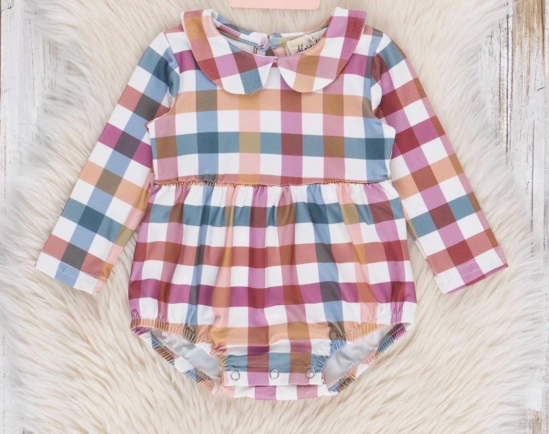 Fall Vibes-Plaid Cranberry Monogrammed Bubble Romper Boy and Girl Version