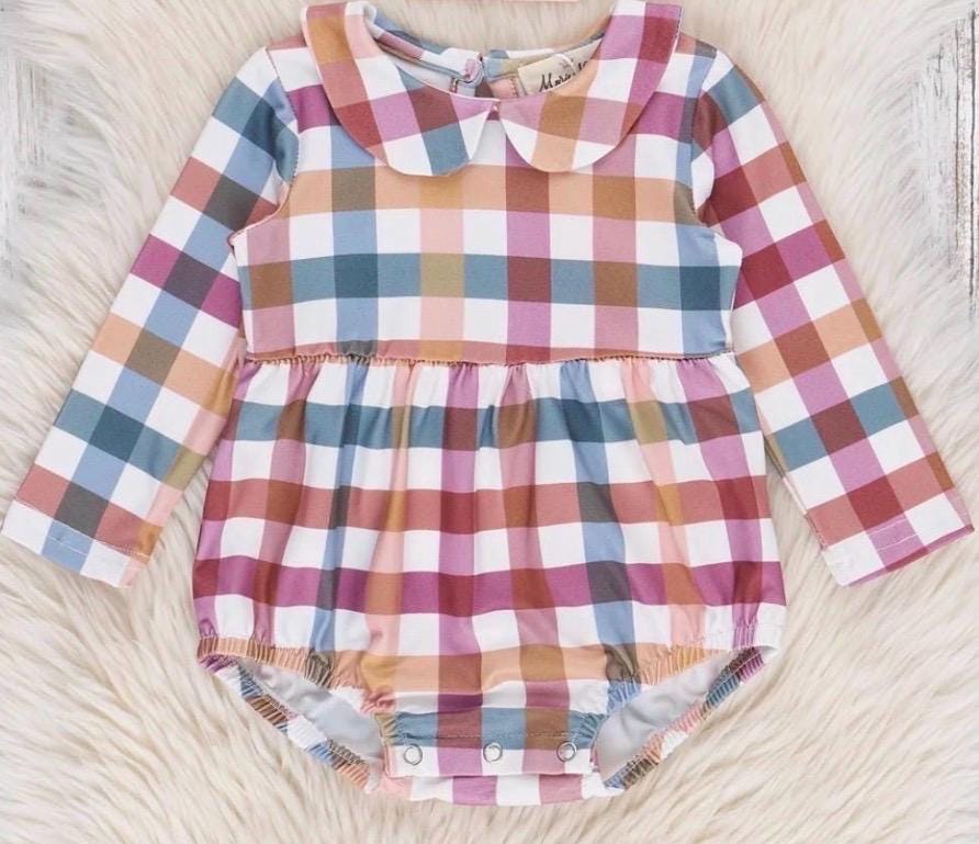 Fall Vibes-Plaid Cranberry Monogrammed Bubble Romper Boy and Girl Version