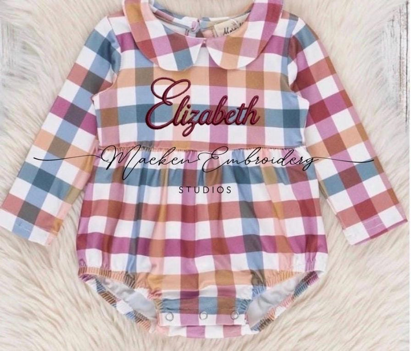 Fall Vibes-Plaid Cranberry Monogrammed Bubble Romper Boy and Girl Version