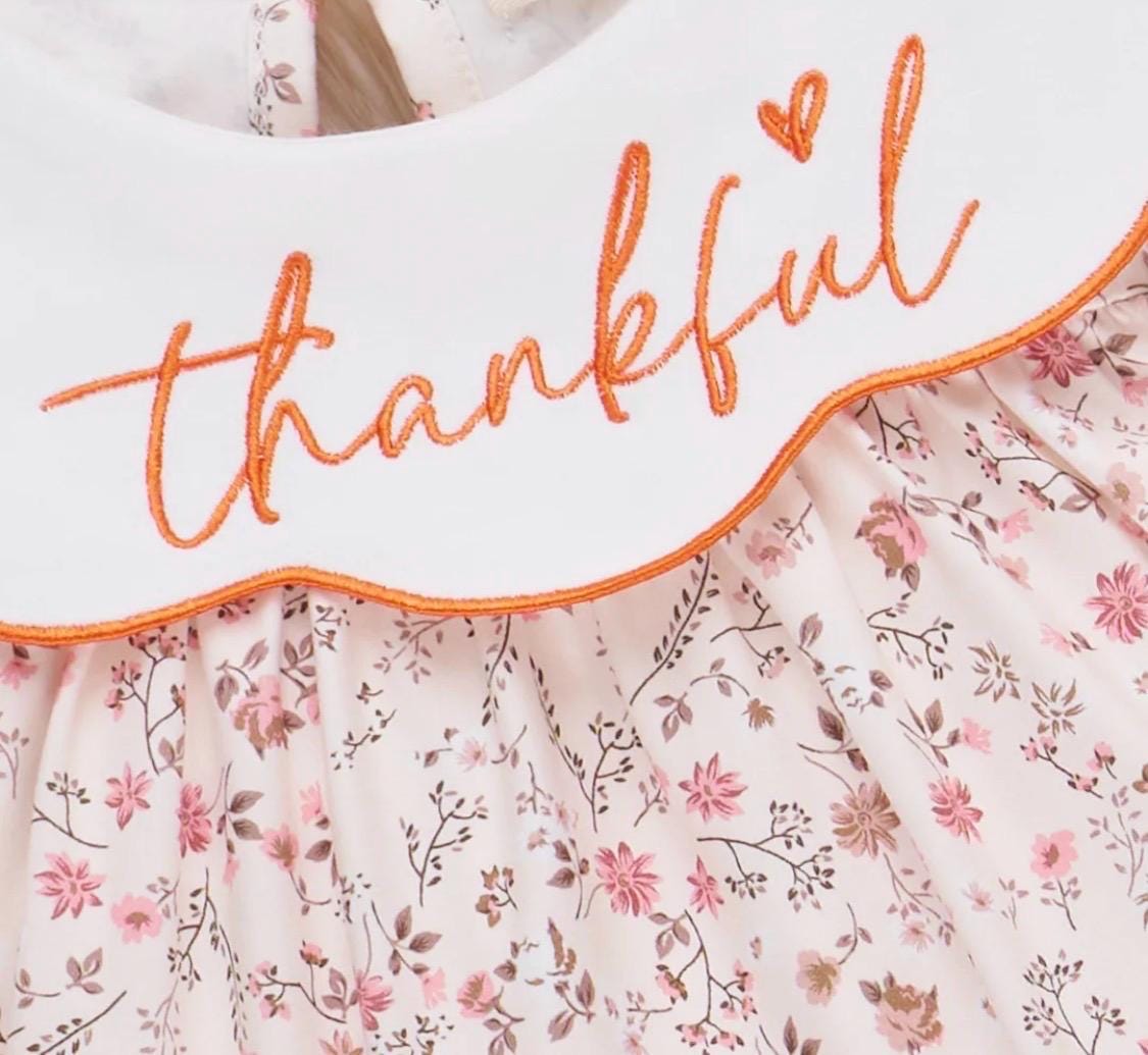 Fall Vibes- Thanksgiving Pumpkin with Thankful Embroided on Scalloped Collar-Also available in Bloomer Set and Pants Set