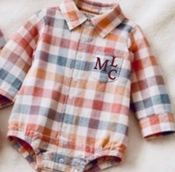 Fall Vibes-Plaid Cranberry Monogrammed Bubble Romper Boy and Girl Version