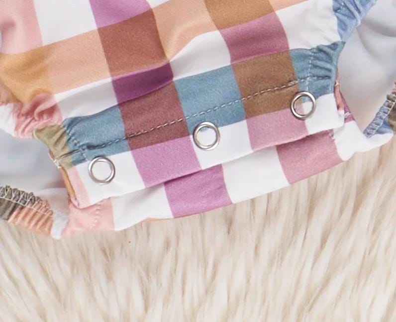 Fall Vibes-Plaid Cranberry Monogrammed Bubble Romper Boy and Girl Version
