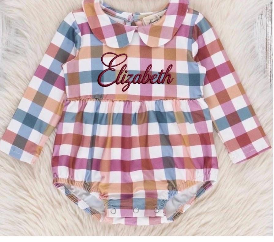 Fall Vibes-Plaid Cranberry Monogrammed Bubble Romper Boy and Girl Version