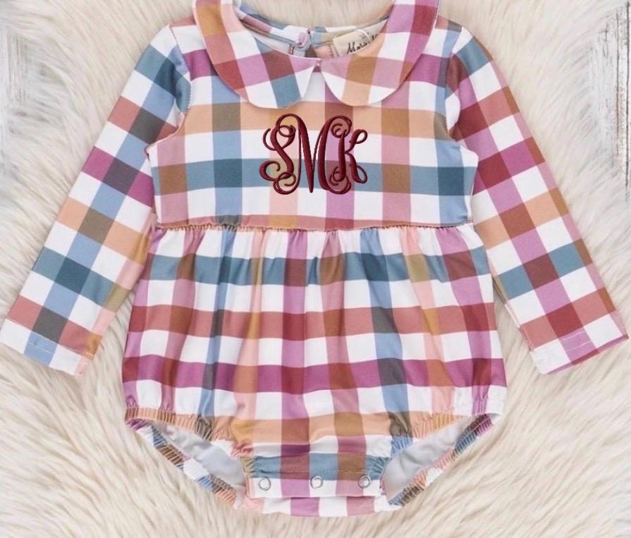 Fall Vibes-Plaid Cranberry Monogrammed Bubble Romper Boy and Girl Version