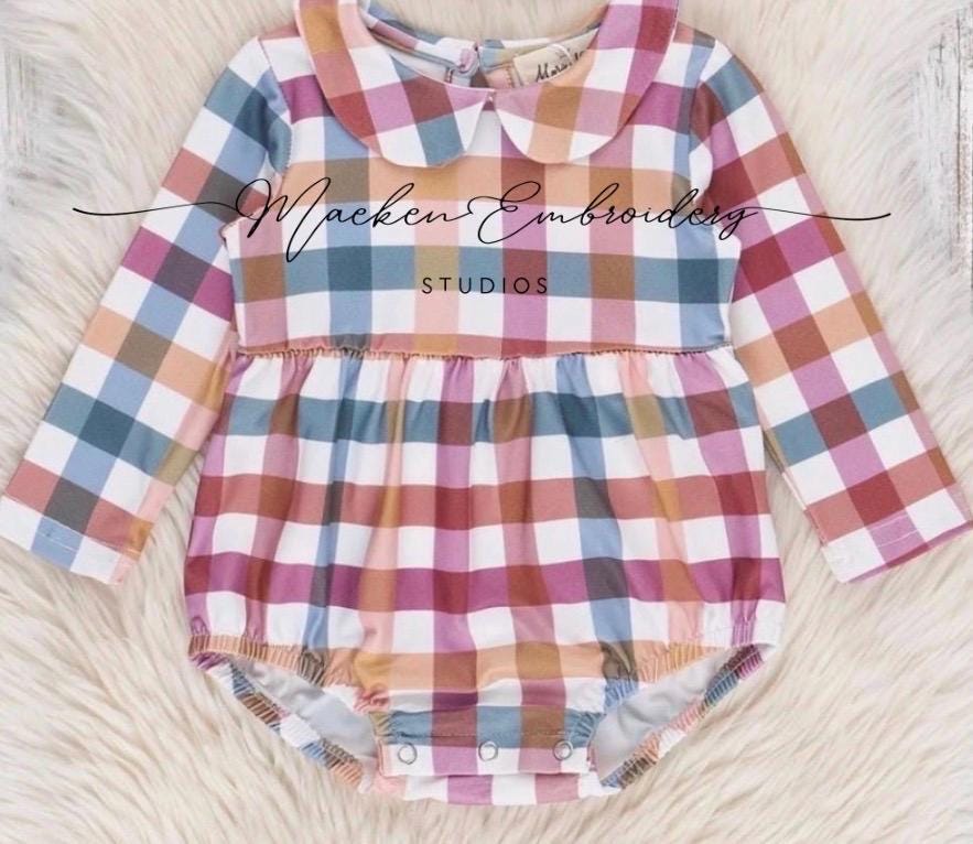 Fall Vibes-Plaid Cranberry Monogrammed Bubble Romper Boy and Girl Version