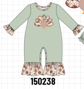 Sage Turkey Applique Ruffle Romper